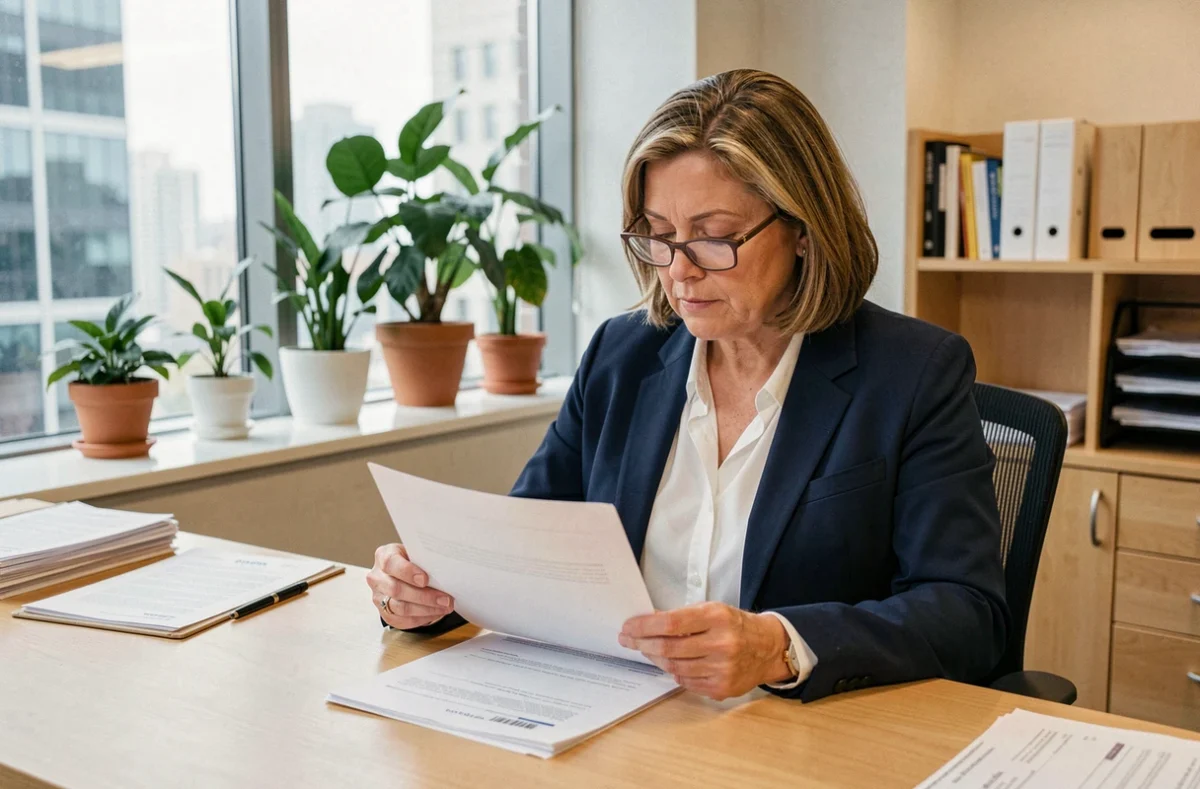 Femme professionnelle examinant des documents d'assurance multirisque dans un bureau moderne