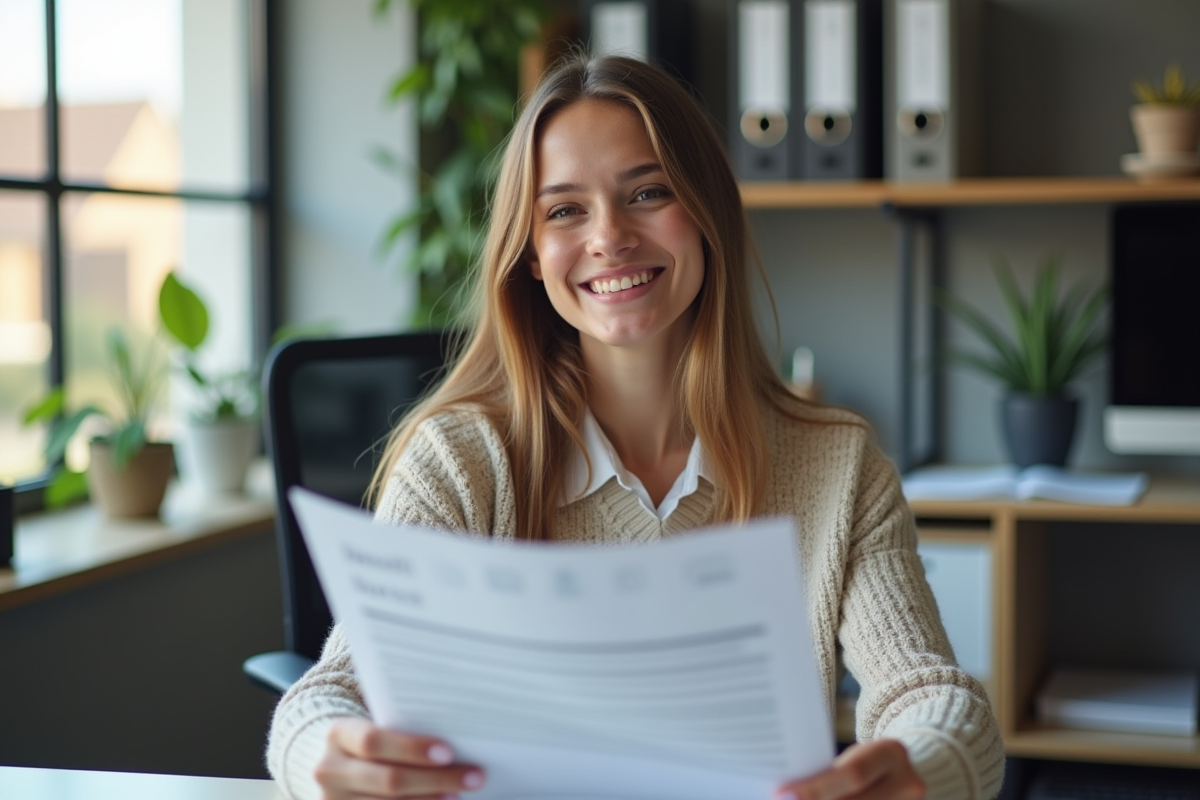 Jeune femme souriante avec documents d assurance en bureau