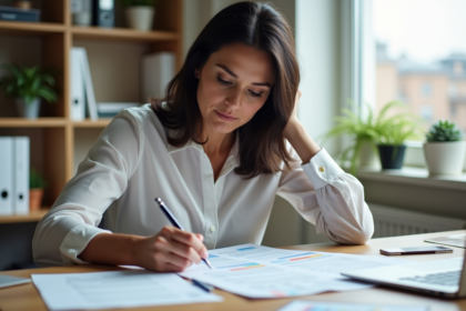 Femme en bureau moderne examinant des reçus et feuilles