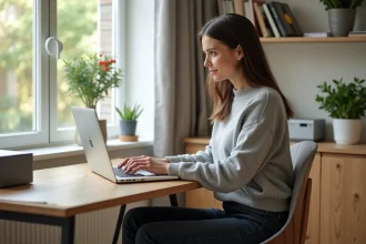 Femme travaillant sur son ordinateur dans un bureau lumineux