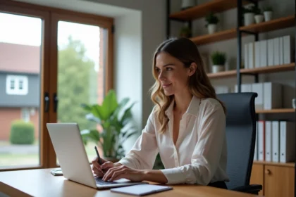 Femme au bureau à domicile utilisant un ordinateur portable