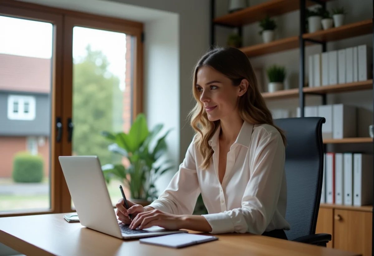Femme au bureau à domicile utilisant un ordinateur portable