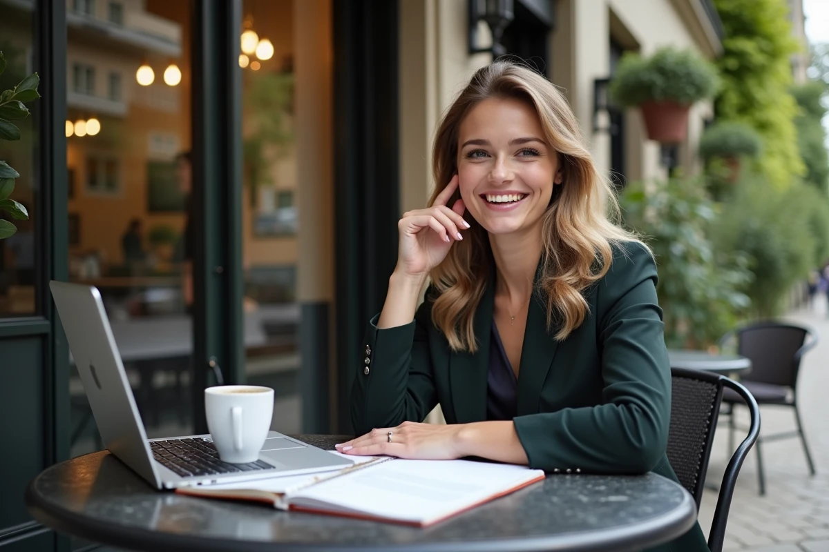 Femme souriante prenant des notes dans un café parisien
