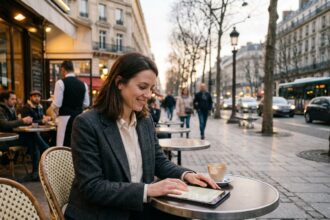 Femme détendue dans un café parisien en soirée