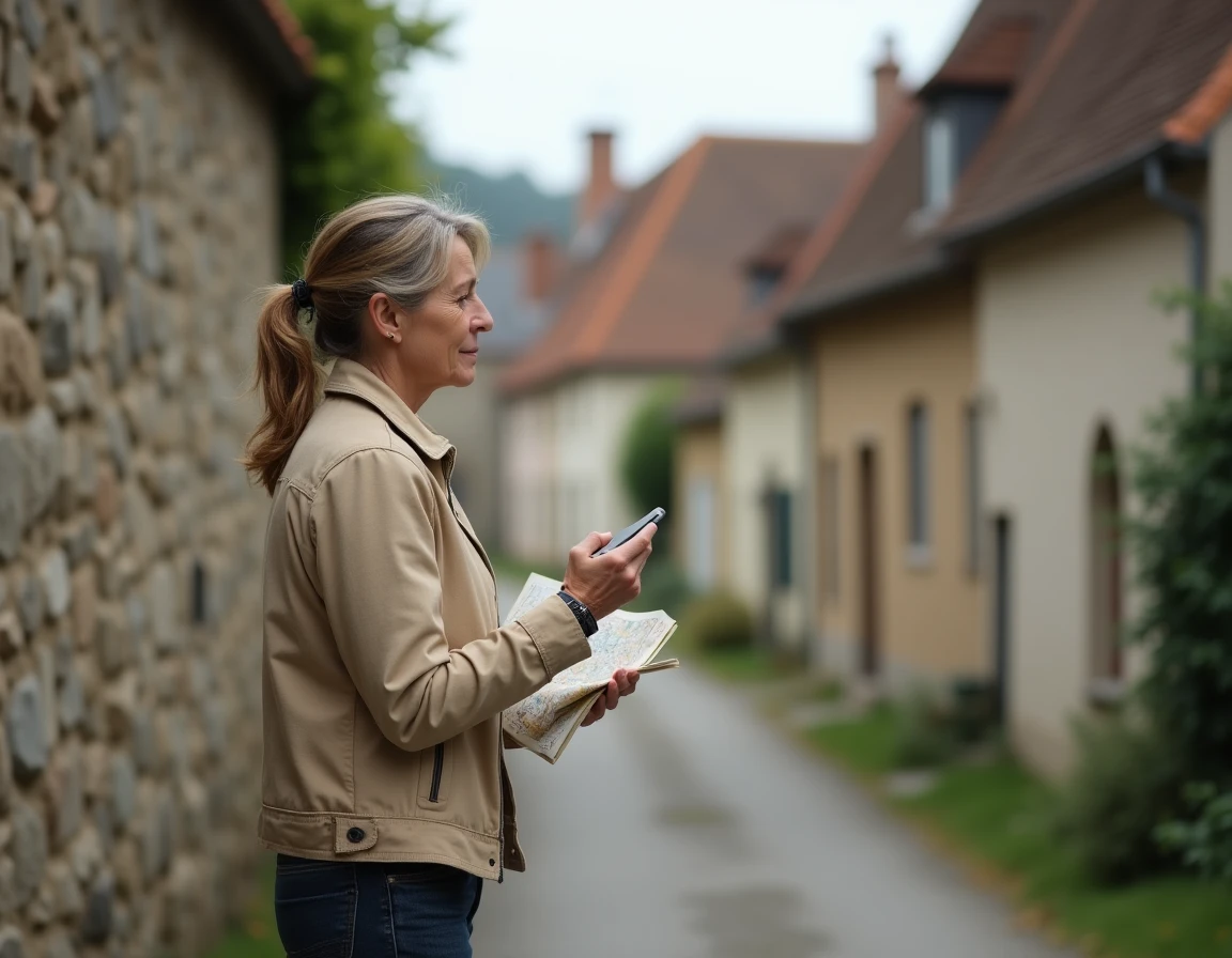 Femme consultant une carte à l'entrée d'une impasse dans un village de l'Aube en France, architecture rurale traditionnelle visible en arrière-plan