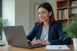 Femme utilisant son espace personnel en ligne sur un ordinateur portable pour sécuriser ses démarches administratives