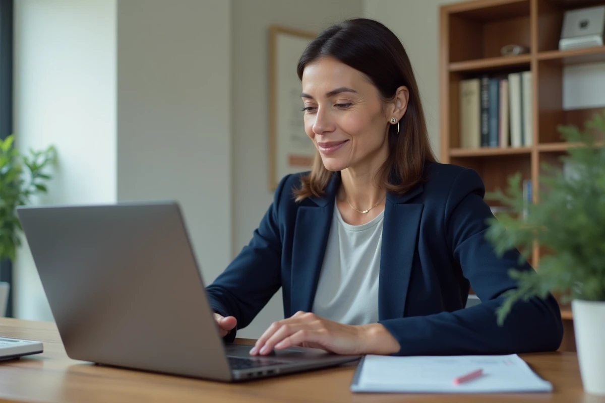 Femme utilisant son espace personnel en ligne sur un ordinateur portable pour sécuriser ses démarches administratives