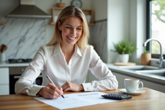 Femme souriante vérifiant un contrat d'hypothèque dans la cuisine