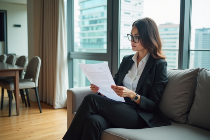 Jeune femme d'affaires examine un contrat de location dans un salon moderne