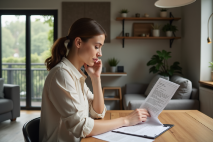 Femme en tenue casual examine un contrat de location dans un appartement moderne