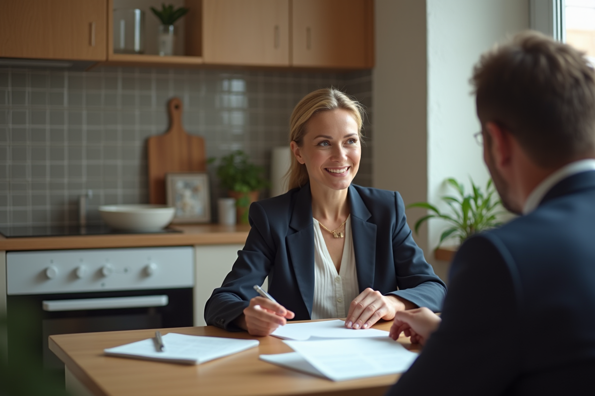 Femme confiante discutant avec un locataire dans une cuisine