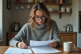 Femme consultant des documents de LOC anonce et plafonds de ressources dans un appartement
