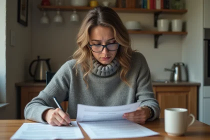 Femme consultant des documents de LOC anonce et plafonds de ressources dans un appartement