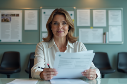Femme d'âge moyen avec documents de logement en bureau