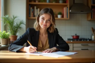 Jeune femme écrivant une lettre dans un intérieur chaleureux