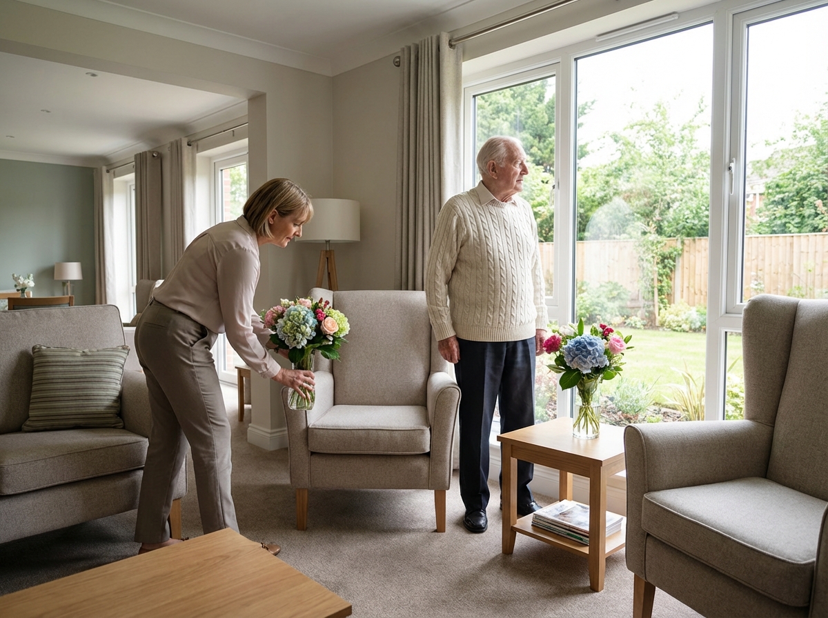 Une femme âgée arrangeant des fleurs dans un salon moderne