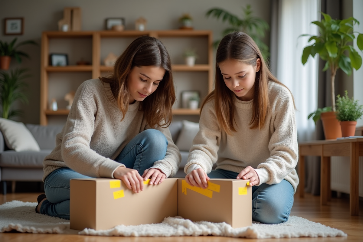 Mère et fille emballant des cartons dans un salon chaleureux