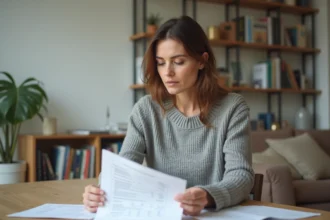 Femme d'affaires examinant des documents fiscaux à la maison