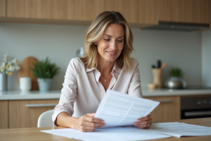 Femme d'âge moyen examinant des documents immobiliers dans une cuisine moderne