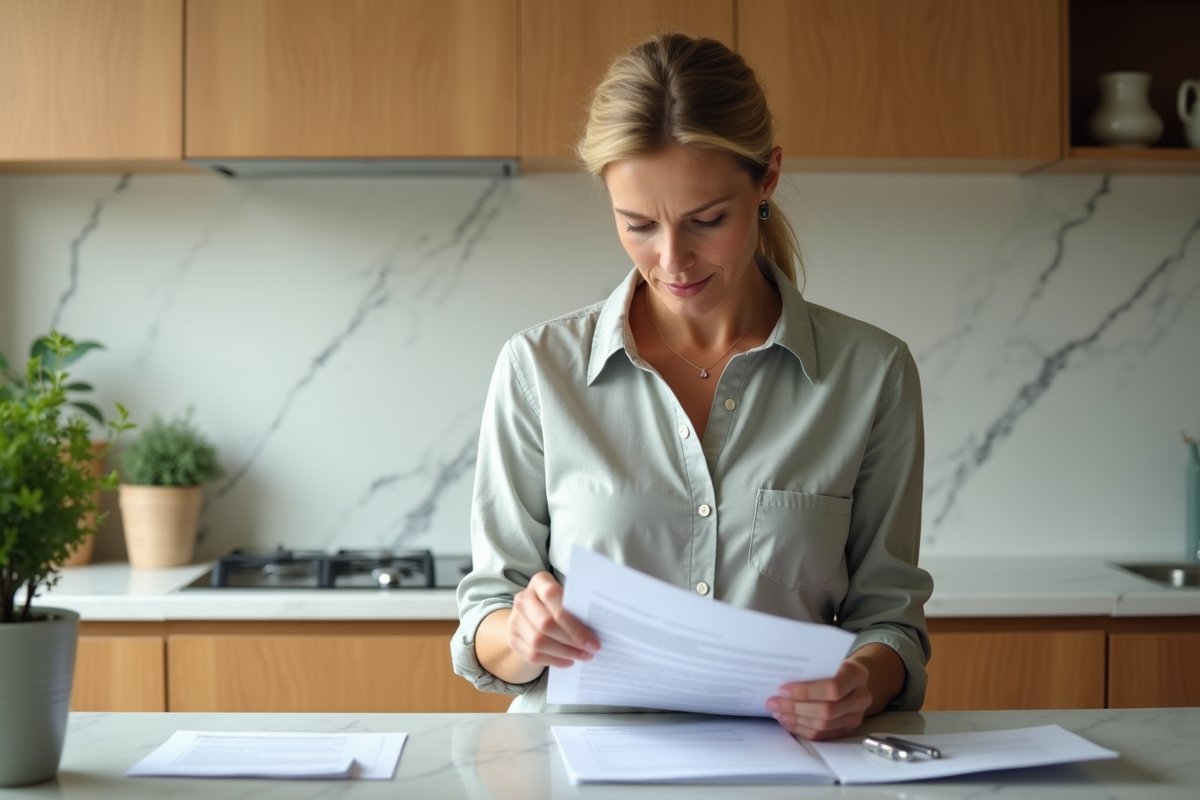 Femme d'âge moyen vérifiant des documents d'impôts dans sa cuisine