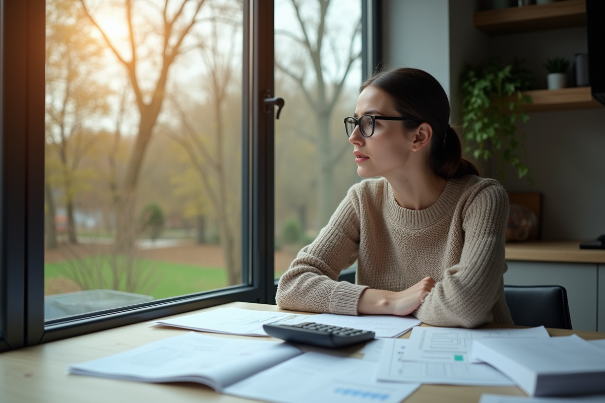 Jeune femme regardant ses papiers fiscaux dans une cuisine lumineuse