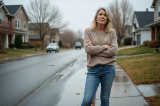 Femme examinant les dégâts d'une inondation devant sa maison