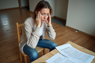 Femme anxieuse examinant documents d'assurance dégâts d'eau