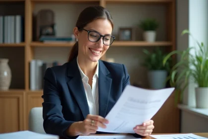 Femme d affaires en costume bleu examine des documents immobiliers