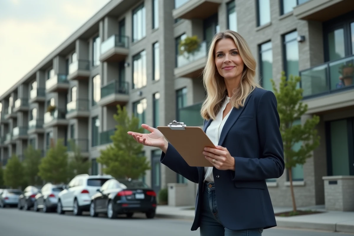 Femme investisseuse immobilière inspectant un immeuble résidentiel urbain avec un dossier de rentabilité