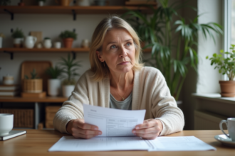 Femme d'âge moyen lisant des documents financiers à la maison