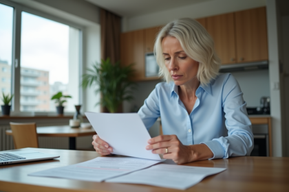 Femme d'âge moyen lisant une lettre d'impôt immobilier