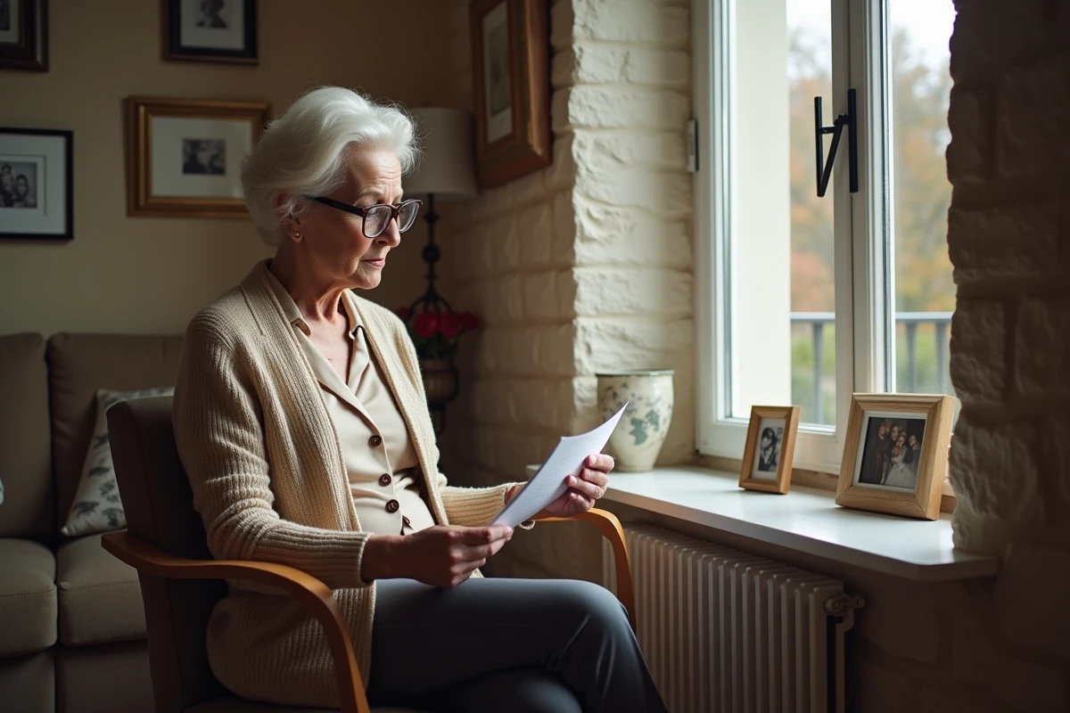 Femme senior lisant une lettre dans un appartement lumineux