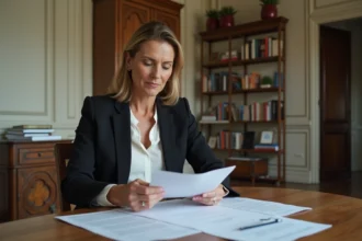 Femme d'âge moyen en blazer examine documents à Paris