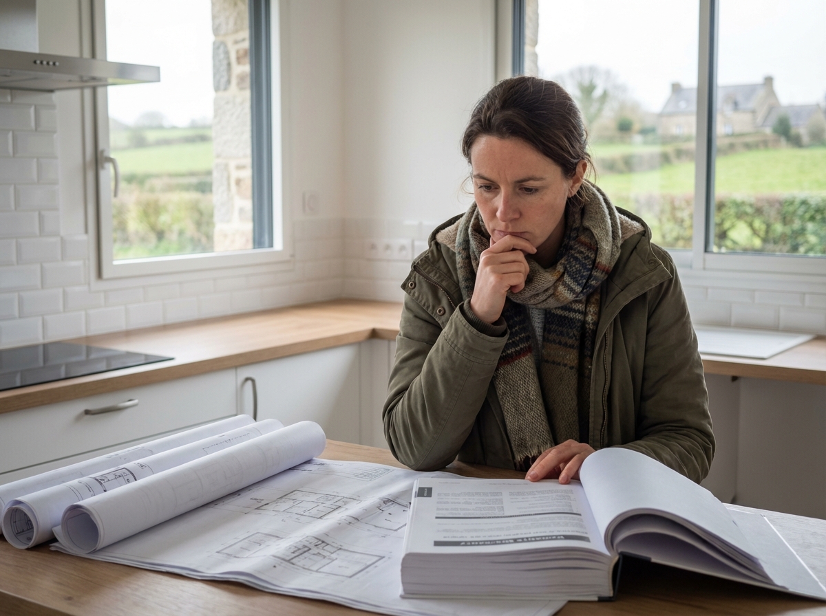 Femme lisant des plans dans une cuisine moderne à Quimper