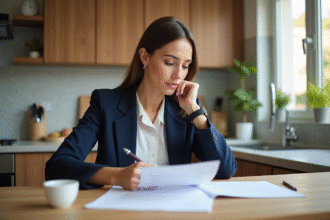 Femme en blazer bleu étudiant des documents de prêt immobilier