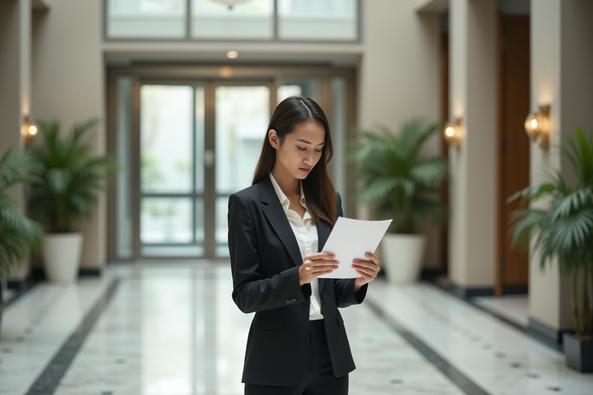 Jeune femme lisant une notification dans un hall moderne