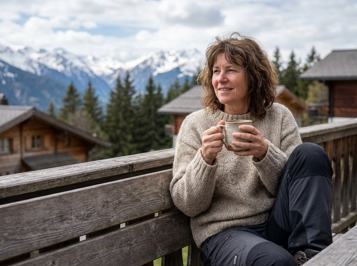 Femme assise sur une terrasse de montagne enneigee