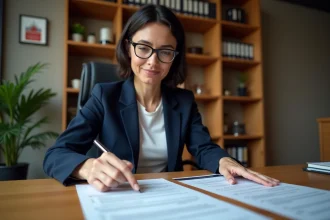 Femme notaire examinant un bail immobilier avec attention avant signature, article 606 du code civil