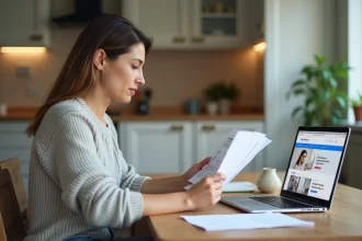 Femme d'âge moyen utilisant un ordinateur pour consulter des documents immobiliers