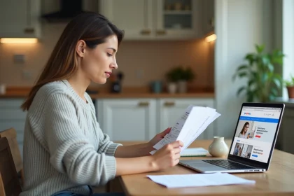 Femme d'âge moyen utilisant un ordinateur pour consulter des documents immobiliers