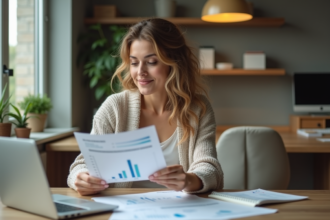 Femme en home office examinant documents de prêt immobilier