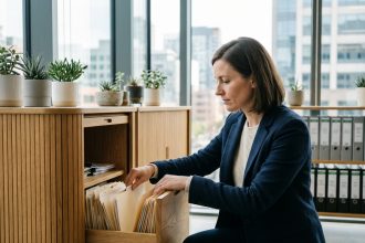 Femme en tenue professionnelle organisant des dossiers dans un bureau moderne