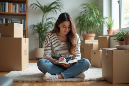 Jeune femme écrivant dans un carnet lors d'un déménagement