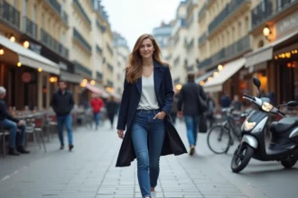 Jeune femme marchant dans une rue parisienne animée
