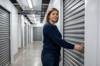 Femme ferme une porte de stockage moderne avec assurance