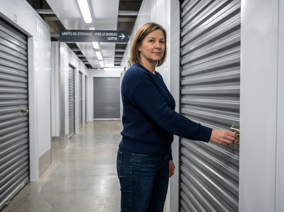 Femme ferme une porte de stockage moderne avec assurance