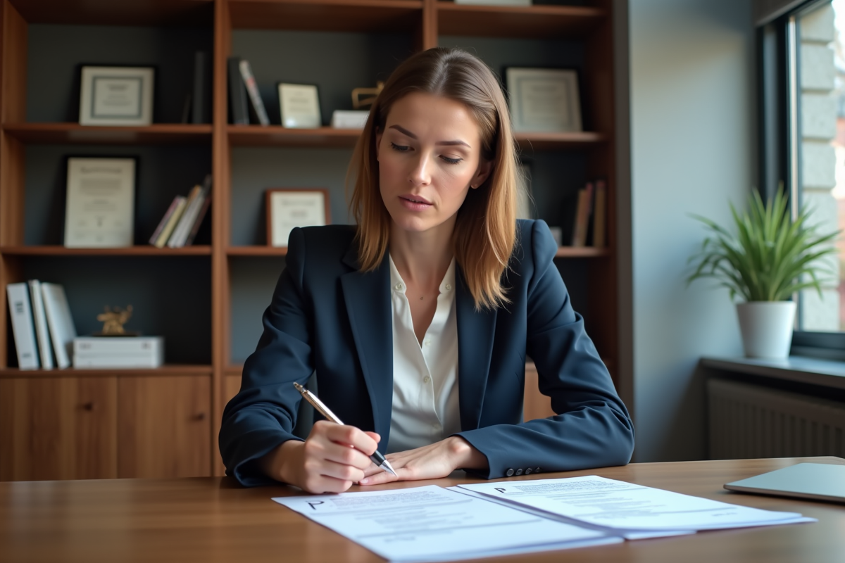 Femme professionnelle en bureau examinant documents LMNP