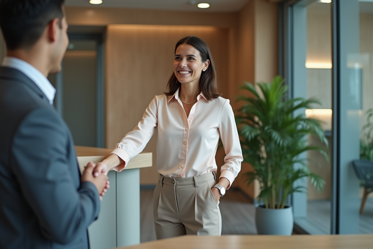 Femme souriante serre la main d