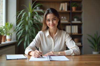 Femme signant un contrat de location dans un appartement lumineux