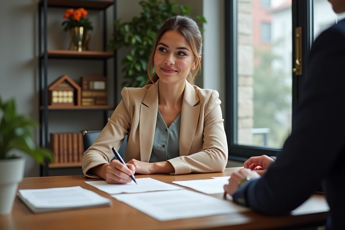 Femme signant un contrat immobilier lors d